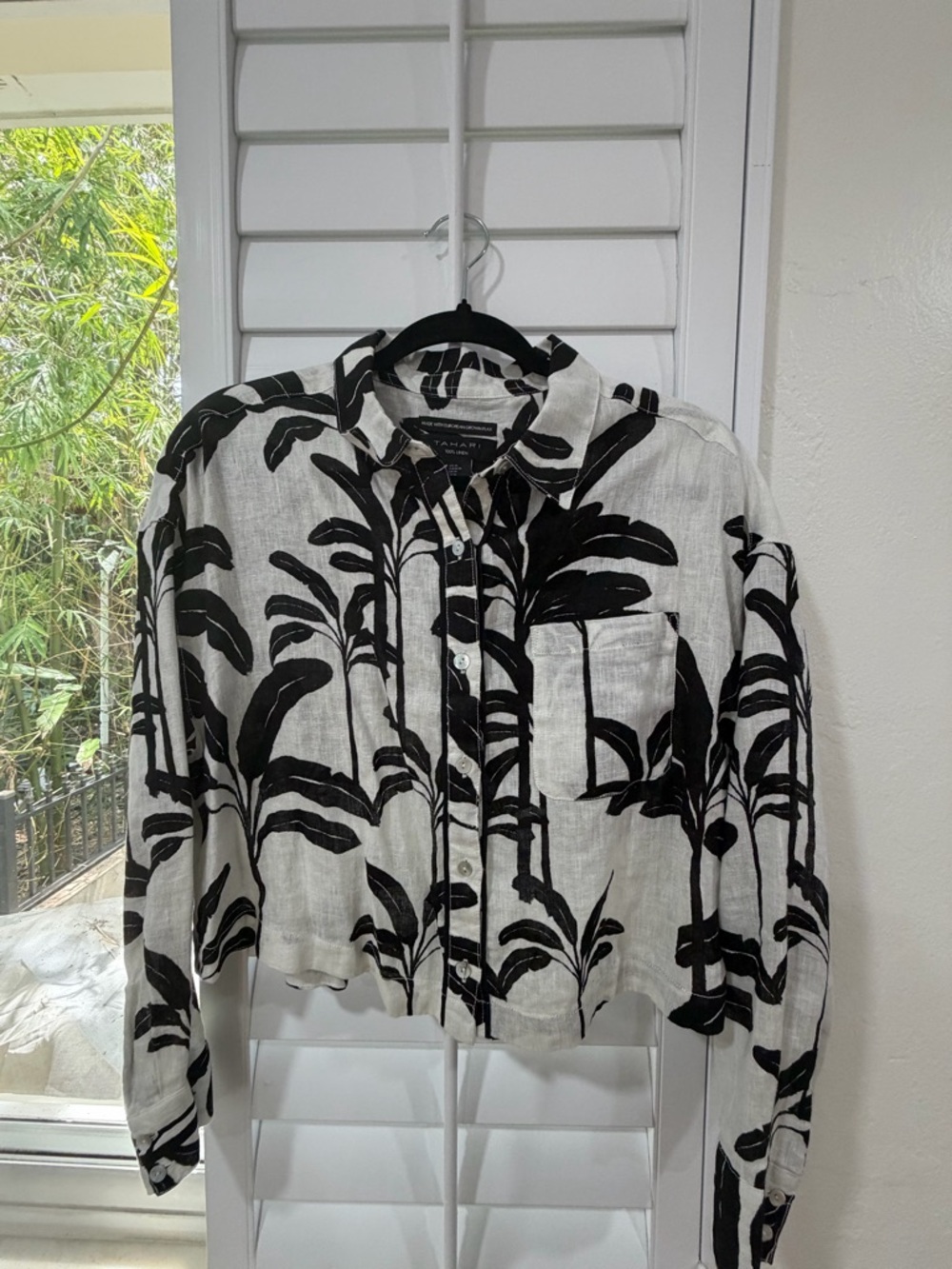 Tahari Black and White Floral Linen Button-Up